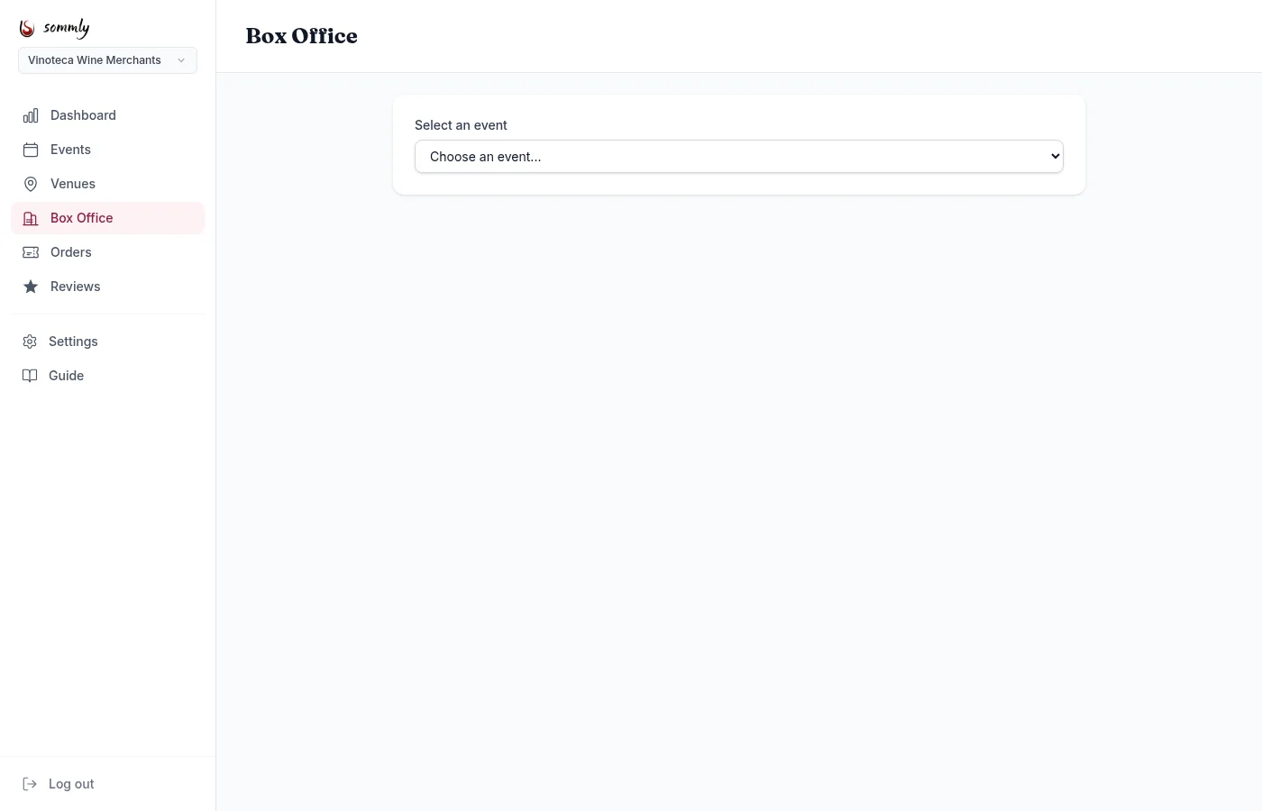The Box Office page with an event selector at the top