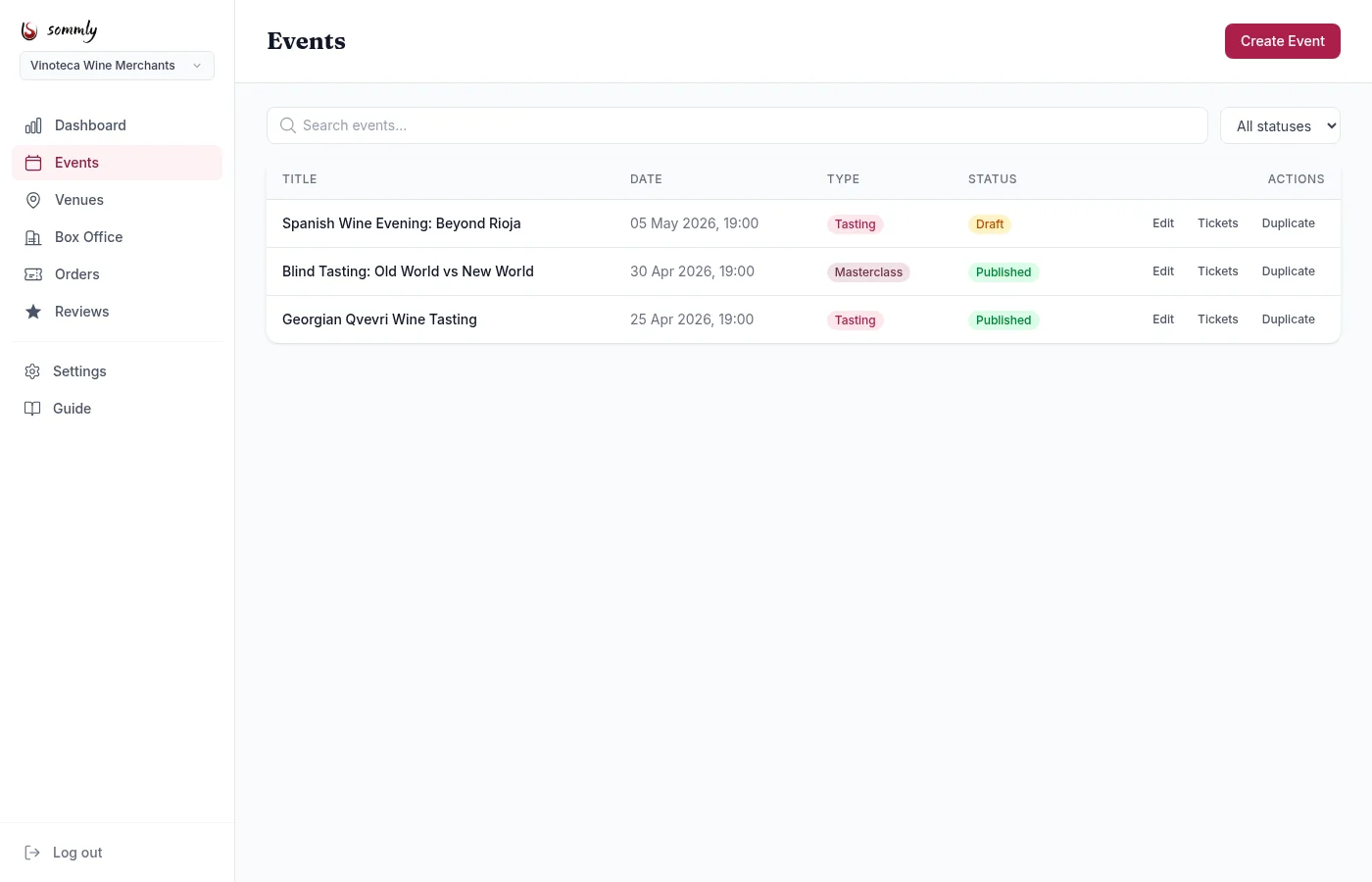 The events list with columns for title, date, type, status, and Edit, Tickets, Duplicate actions