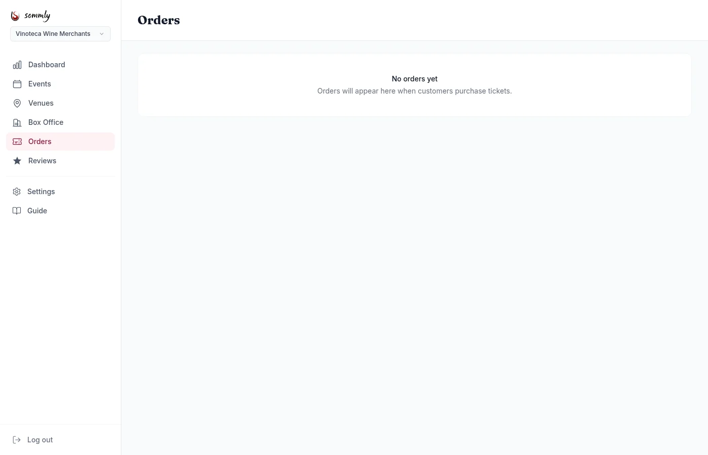 The Orders page showing an empty state with a message that orders will appear when customers purchase tickets