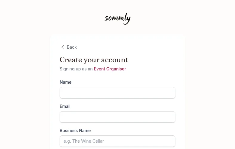 The business registration form with fields for name, email, business name, password, and confirm password