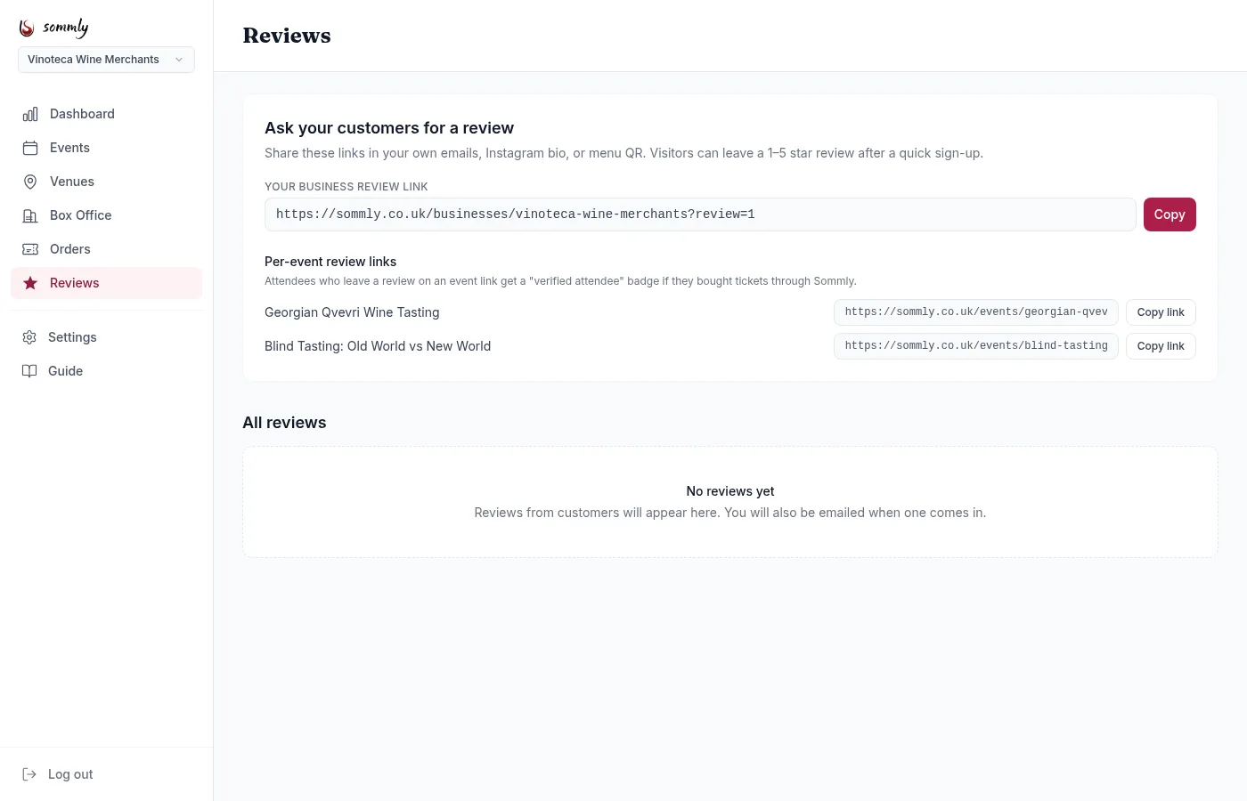 The dashboard Reviews page with a share link for the business, per-event review links, and a list of reviews below