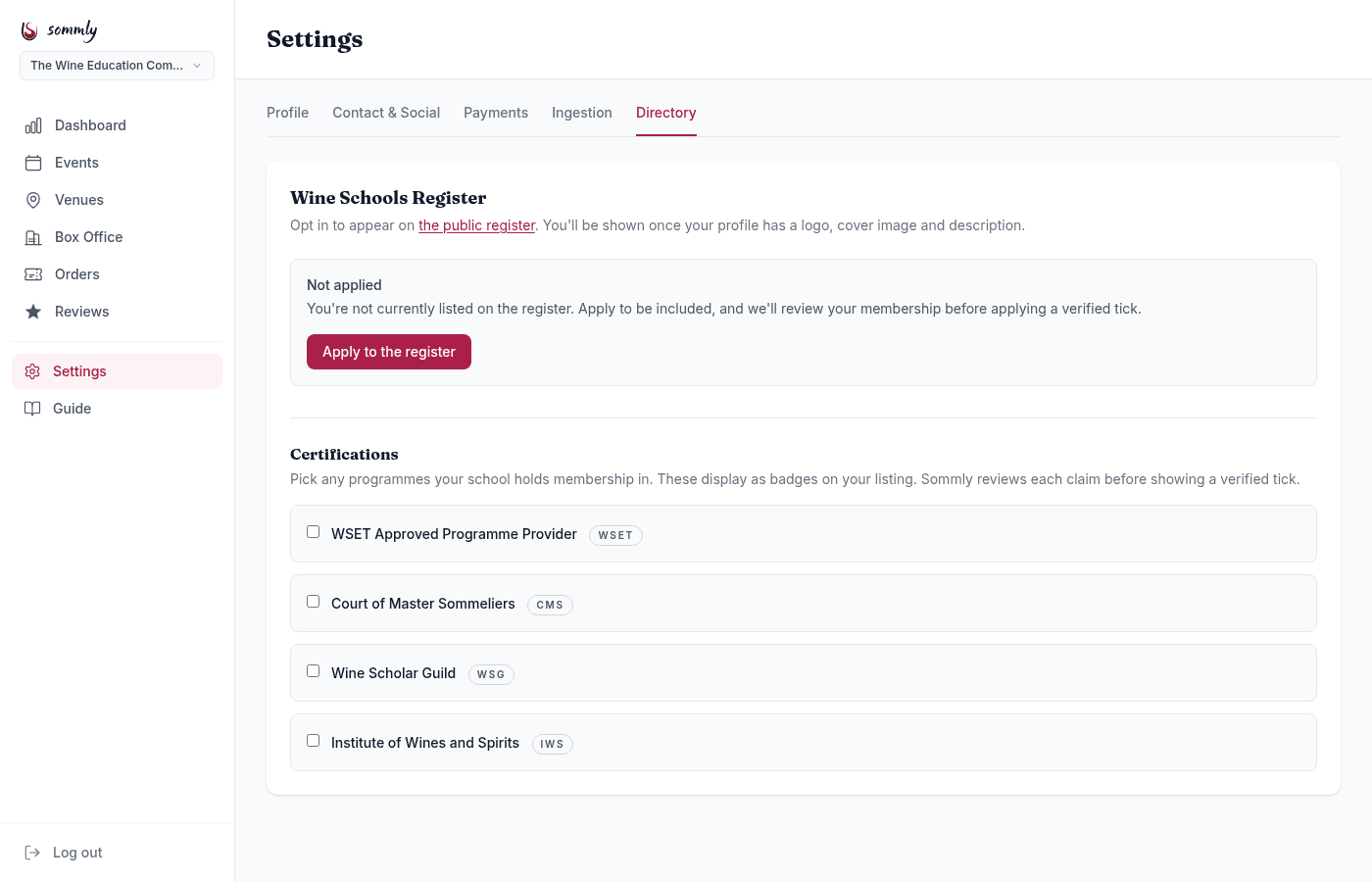 The Directory tab showing a Wine Schools Register panel, a Not applied status, an Apply to the register button, and a list of certifications including WSET, CMS, WSG and IWS