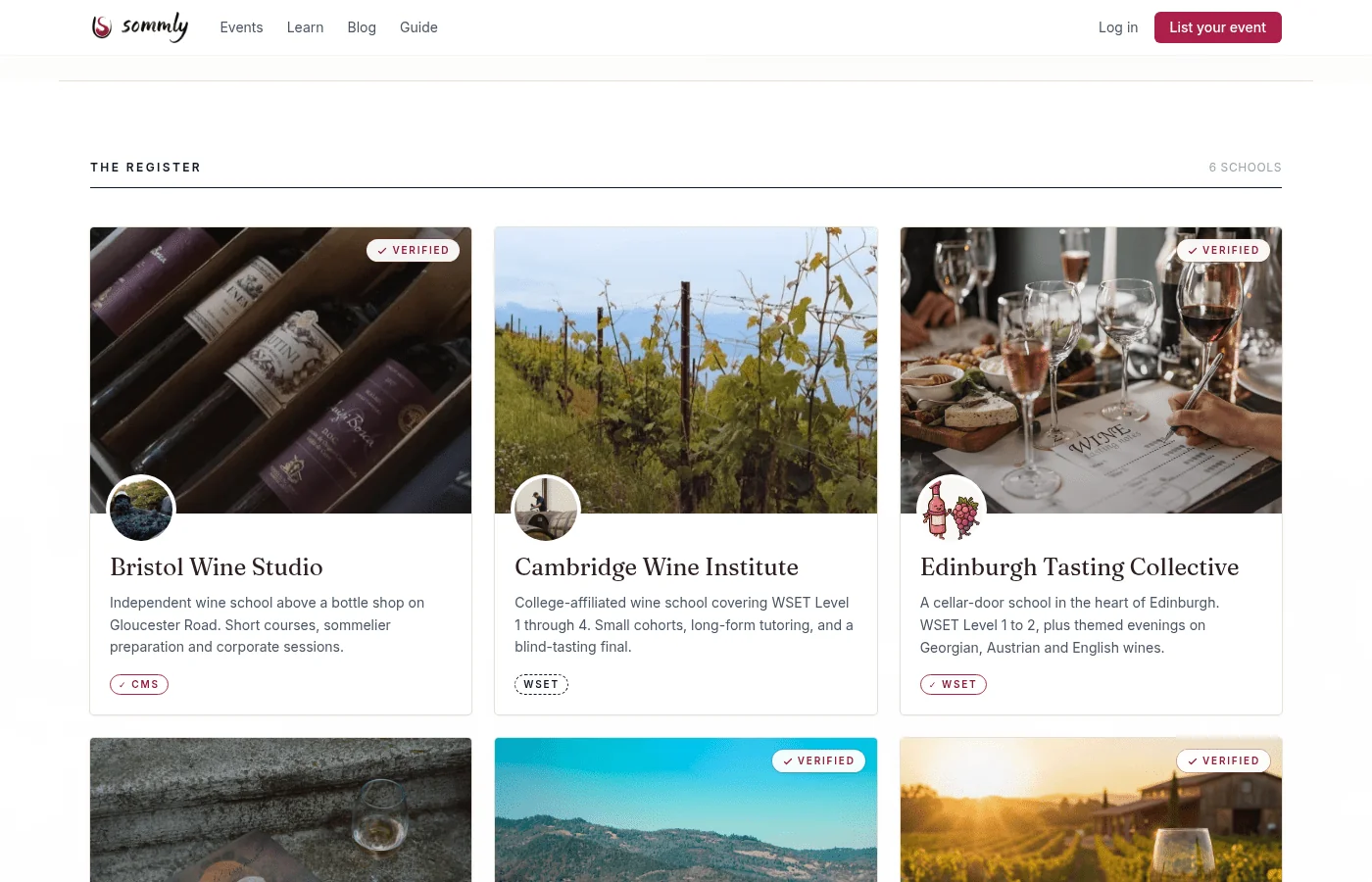 A row of school cards on /learn/schools, each showing a cover image, name, description, and either a Verified badge or a certification pill such as WSET or CMS