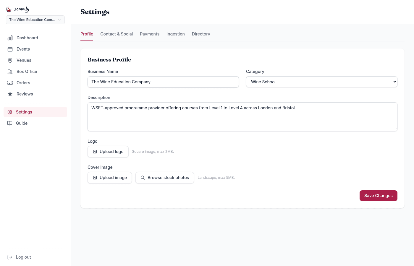 The Settings Profile tab with Category set to Wine School, plus Business Name, Description, Logo and Cover Image fields, and a Directory tab visible in the top navigation