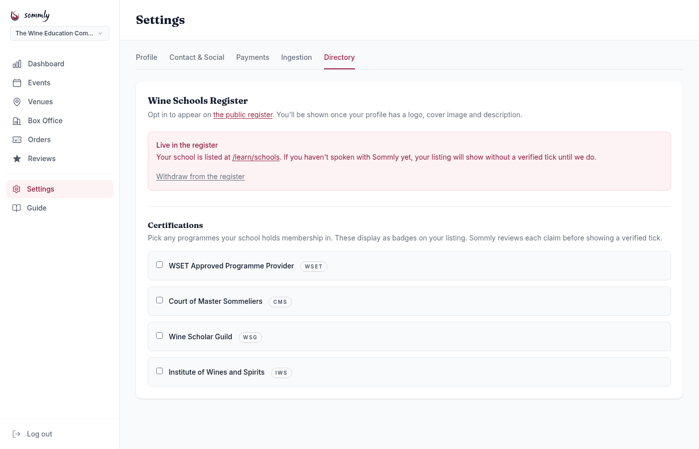 The Directory tab once applied, showing a Live in the register status and a Withdraw from the register link