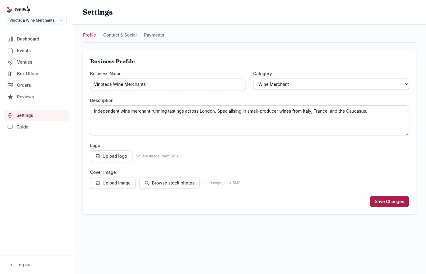 The Settings page on the Profile tab with fields for business name, category, description, logo, and cover image