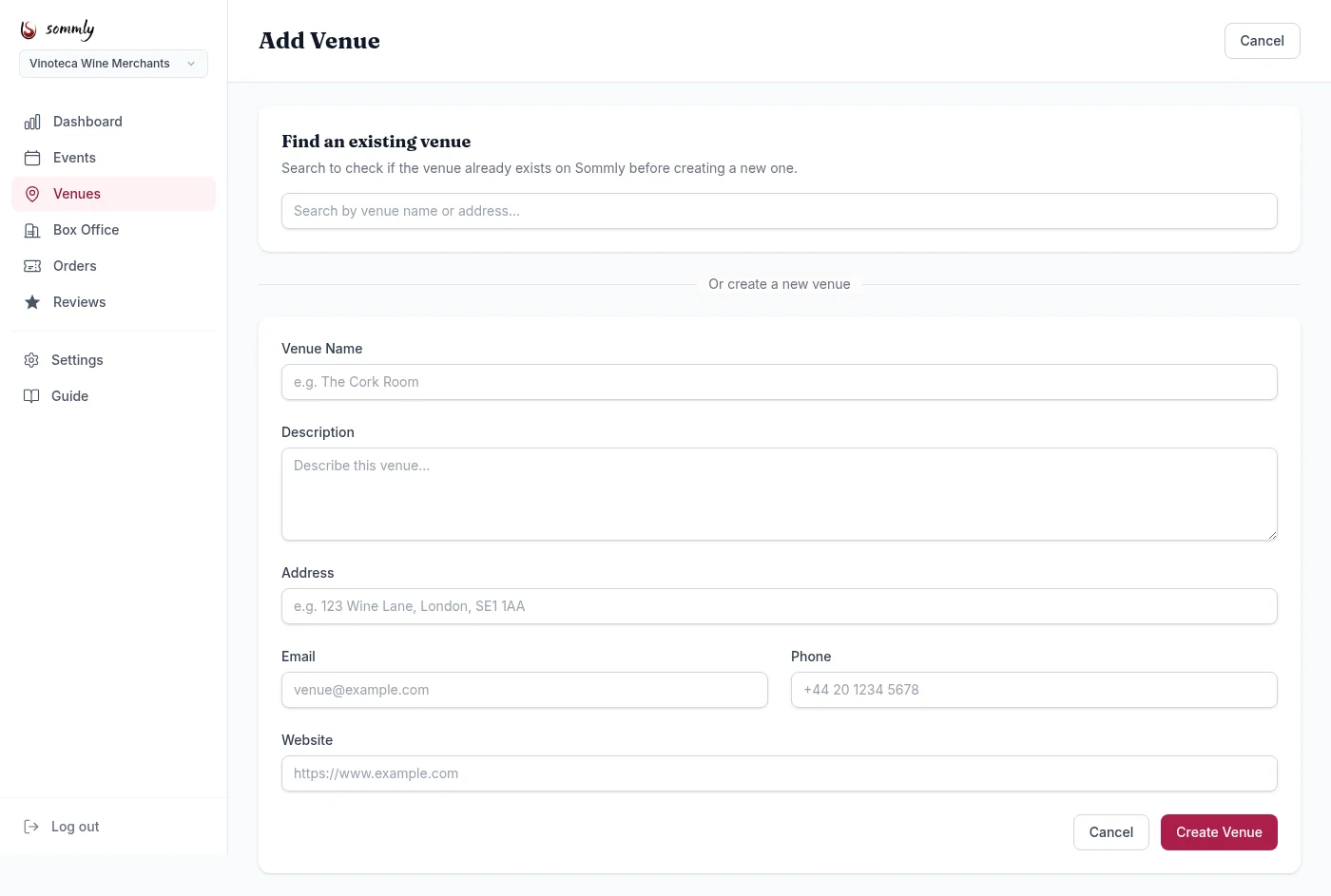 The Add Venue page with a search for existing venues at the top and a form for creating a new one below