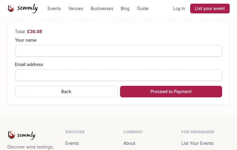 The buyer details step showing a name field, an email field, a Back button, and a Proceed to Payment button with the £36.08 total above
