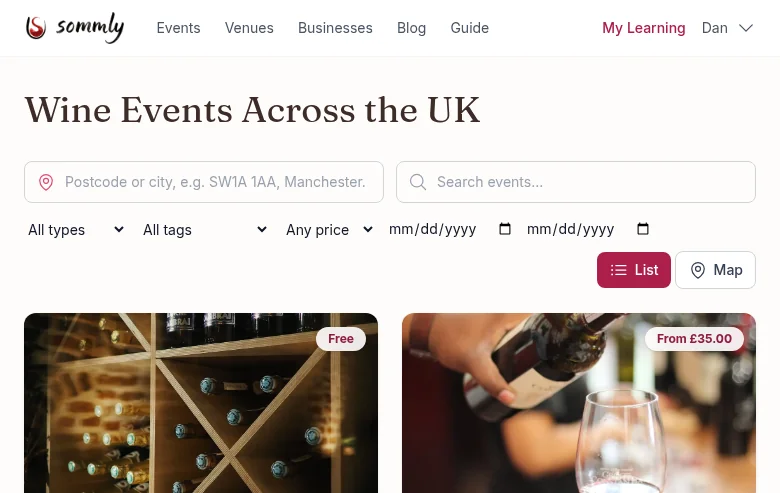The events listing page with filters for type, tag, price, and dates