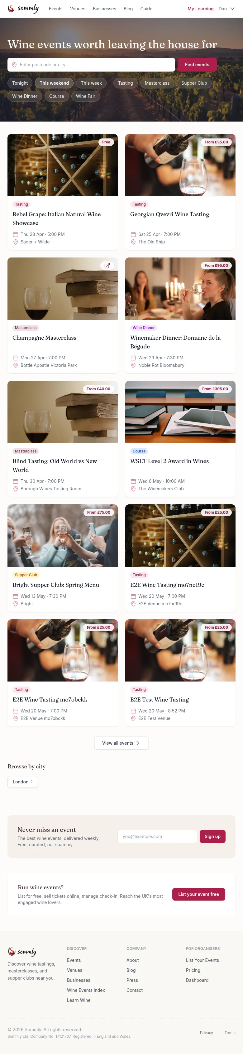 The Sommly homepage showing a postcode search, quick filters, and a grid of featured wine events