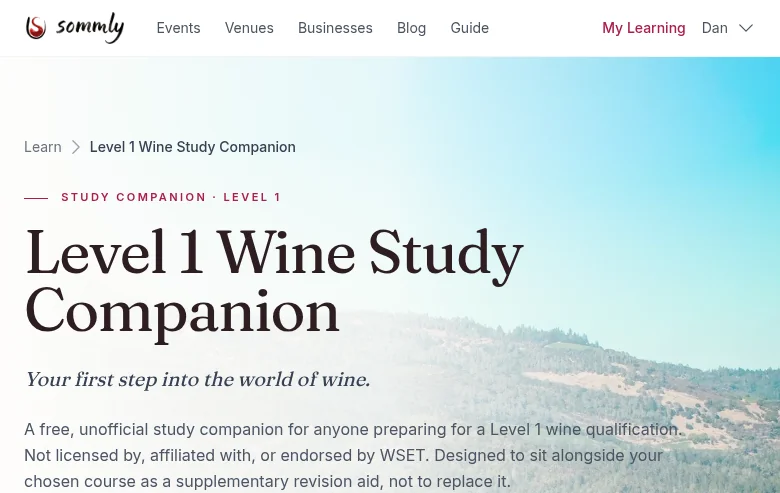 A course overview page for the Level 1 Wine Study Companion with an introduction and chapter list