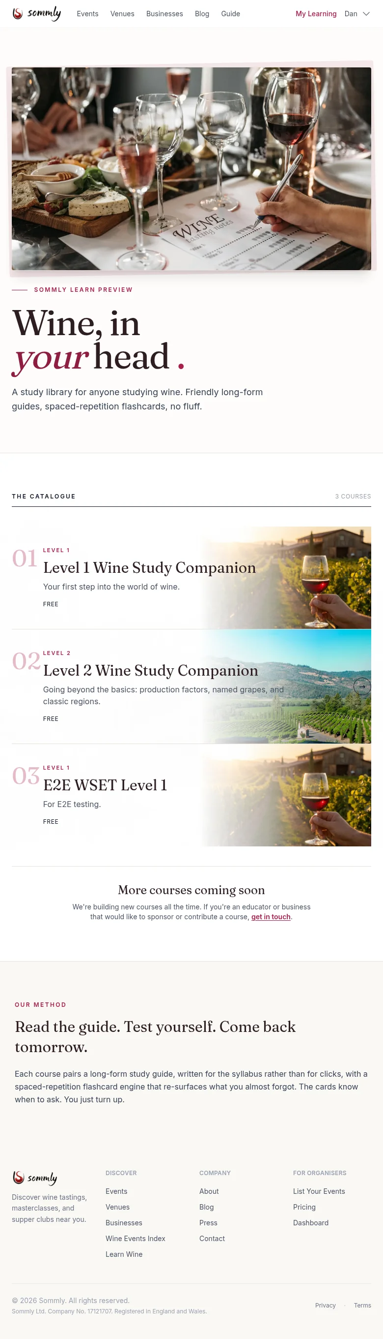 The Sommly Learn home page with a hero image and a list of available courses