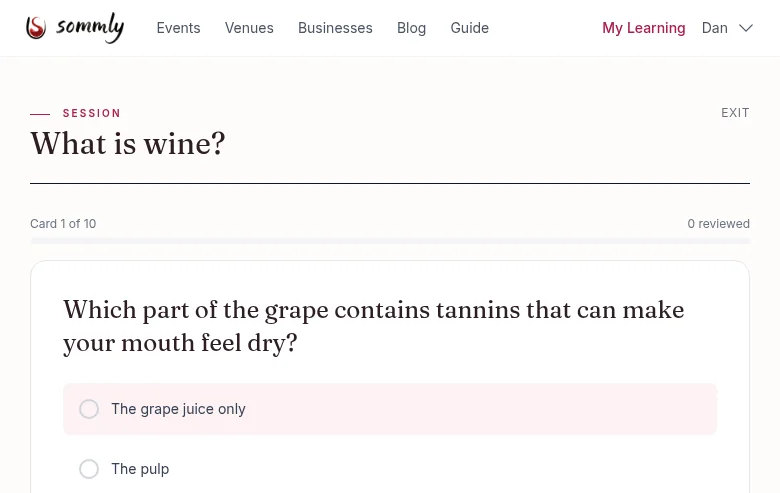 A study session showing a multiple choice flashcard about which part of the grape contains tannins