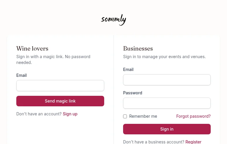 The split login page. Wine lovers on the left with a magic link, businesses on the right with email and password