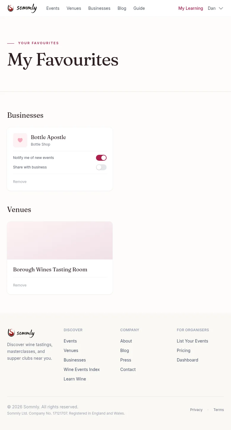 The My Favourites page listing saved businesses and venues with toggles for notifications