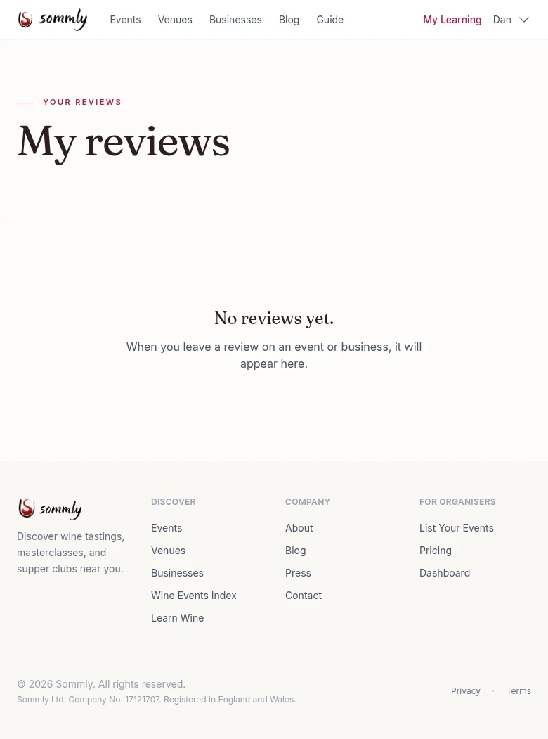 The My Reviews page with an empty state message