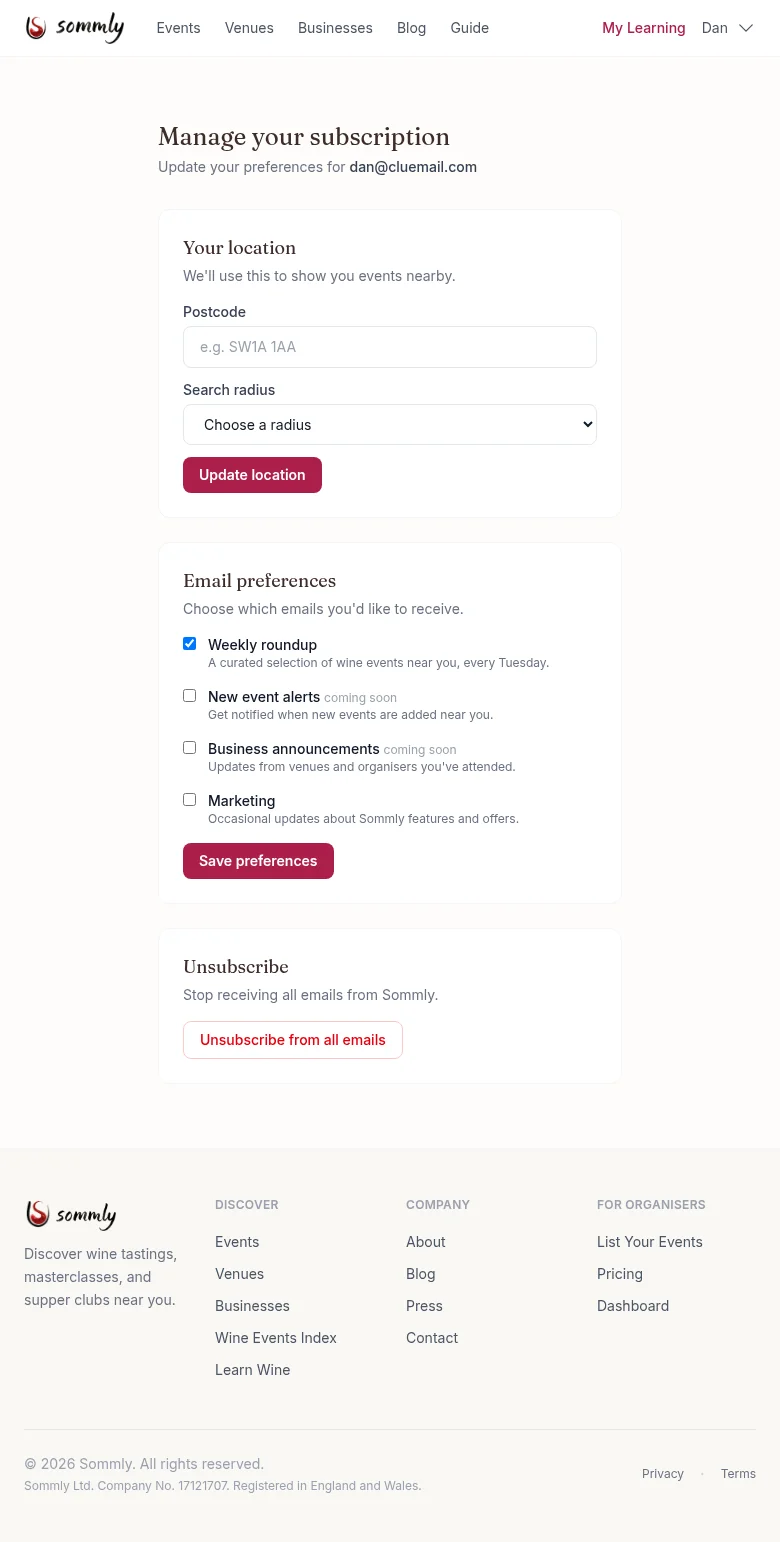The newsletter management page with sections for location, email preferences, and unsubscribe