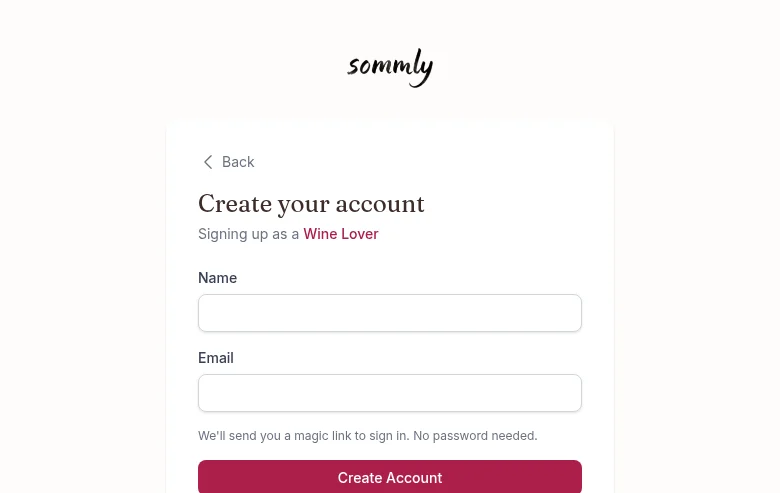 The wine lover registration form asking for name and email, with a note that a magic link will be sent