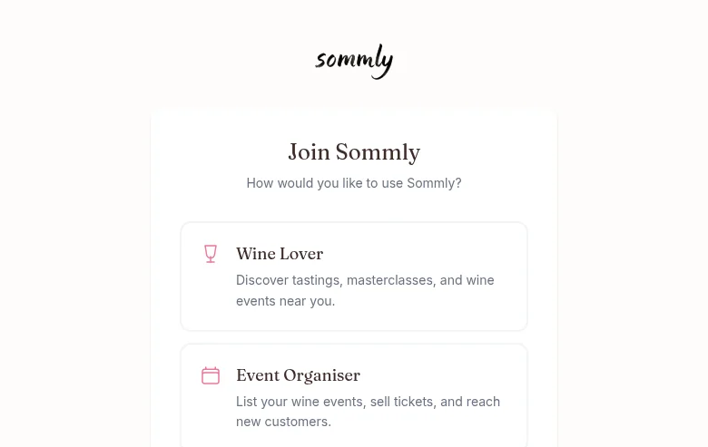 The registration page offering a choice between Wine Lover and Event Organiser accounts