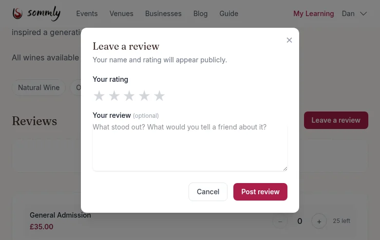 The leave-a-review modal with a five-star rating selector and an optional text area for a written review