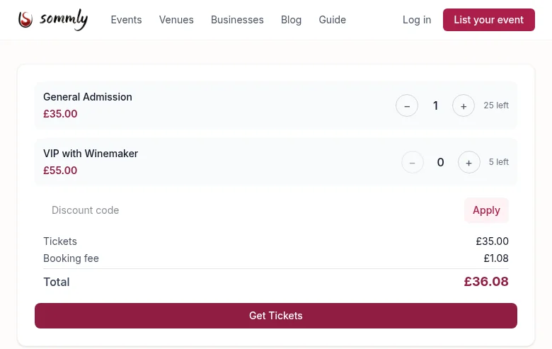 A ticket picker with one General Admission ticket selected, showing a £35 ticket price, a £1.08 booking fee, and a £36.08 total