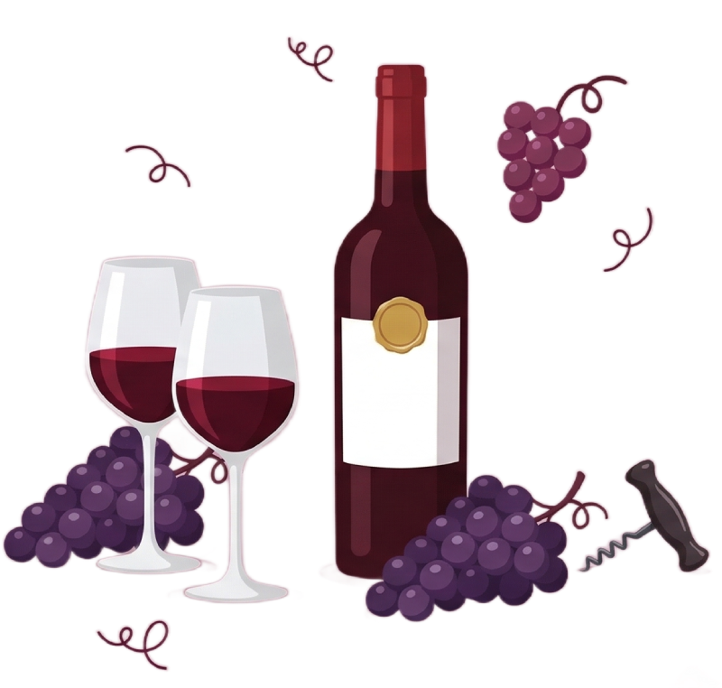 Wine bottle, glasses, and grapes illustration